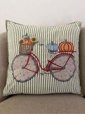Embroidered Pumpkin Bicycle Green Stripe Decorative Pillow